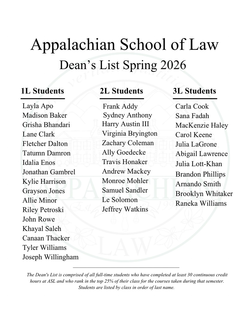 Appalachian School of Law Announces Spring 2026 Dean’s List